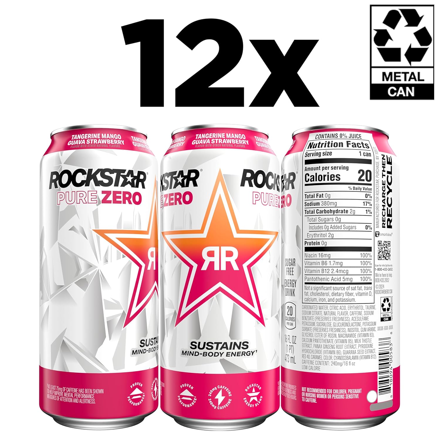 Rockstar Pure Zero Energy Drink, Tangerine Mango Guava Strawberryh, 0 Sugar, with Caffeine and Taurine, 16 Fl Oz (Pack of 12) (Packaging May Vary)-2