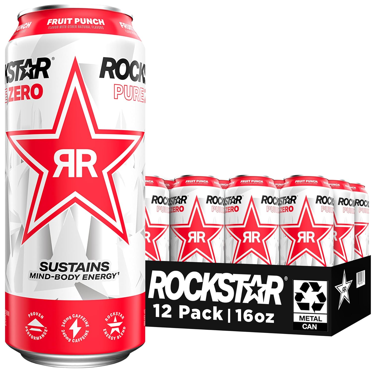 Rockstar Pure Zero Energy Drink, Fruit Punch, 0 Sugar, with Caffeine and Taurine, 16oz Cans (12 Pack) (Packaging May Vary)-0