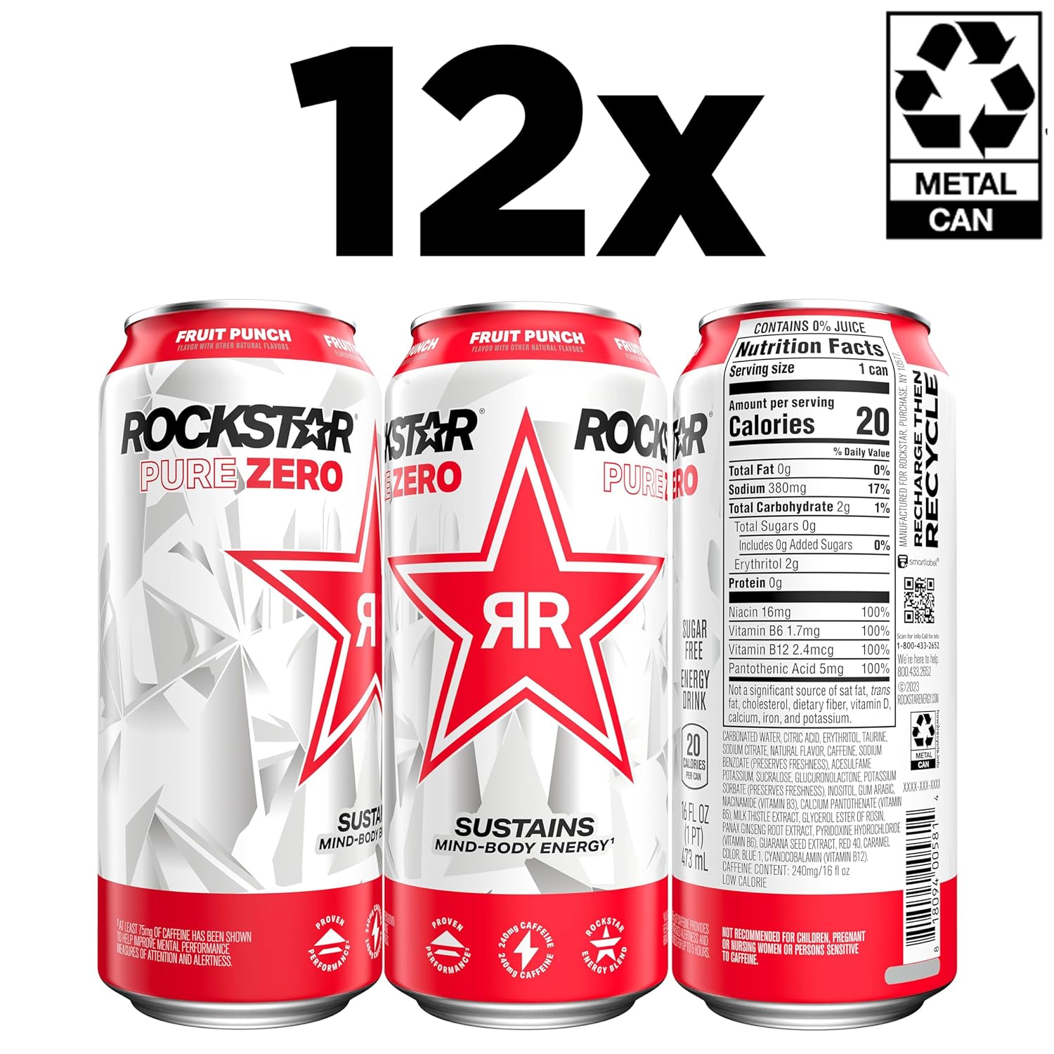 Rockstar Pure Zero Energy Drink, Fruit Punch, 0 Sugar, with Caffeine and Taurine, 16oz Cans (12 Pack) (Packaging May Vary)-2