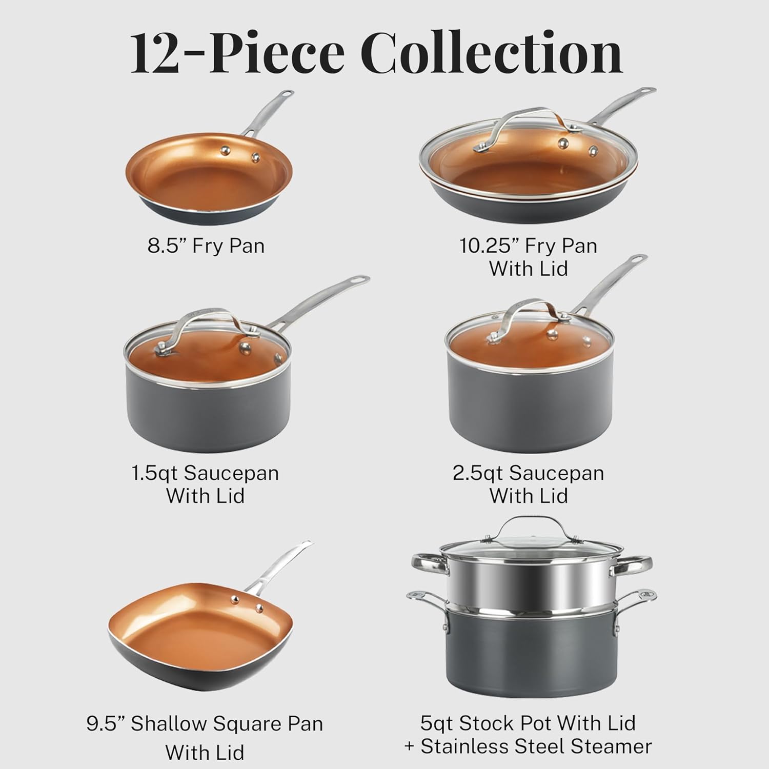 Gotham Steel 12 Pc Ceramic Pots and Pans Set Non Stick, Kitchen Cookware Sets, Pot and Pan Set, Ceramic Cookware Set, Non Toxic Cookware Set, Non Stick Pots and Pan Set, Oven Dishwasher Safe - Copper-1