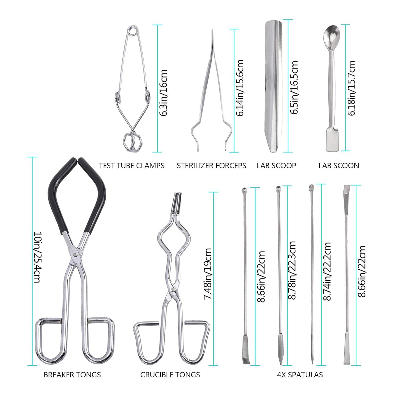 Scientific Labwares Lab Tools Starter Kit, Includes Crucible Beaker Tongs Lab Spatula Scoop Spoon Test Tube Clamps Sterilizer Forceps Tweezers-4