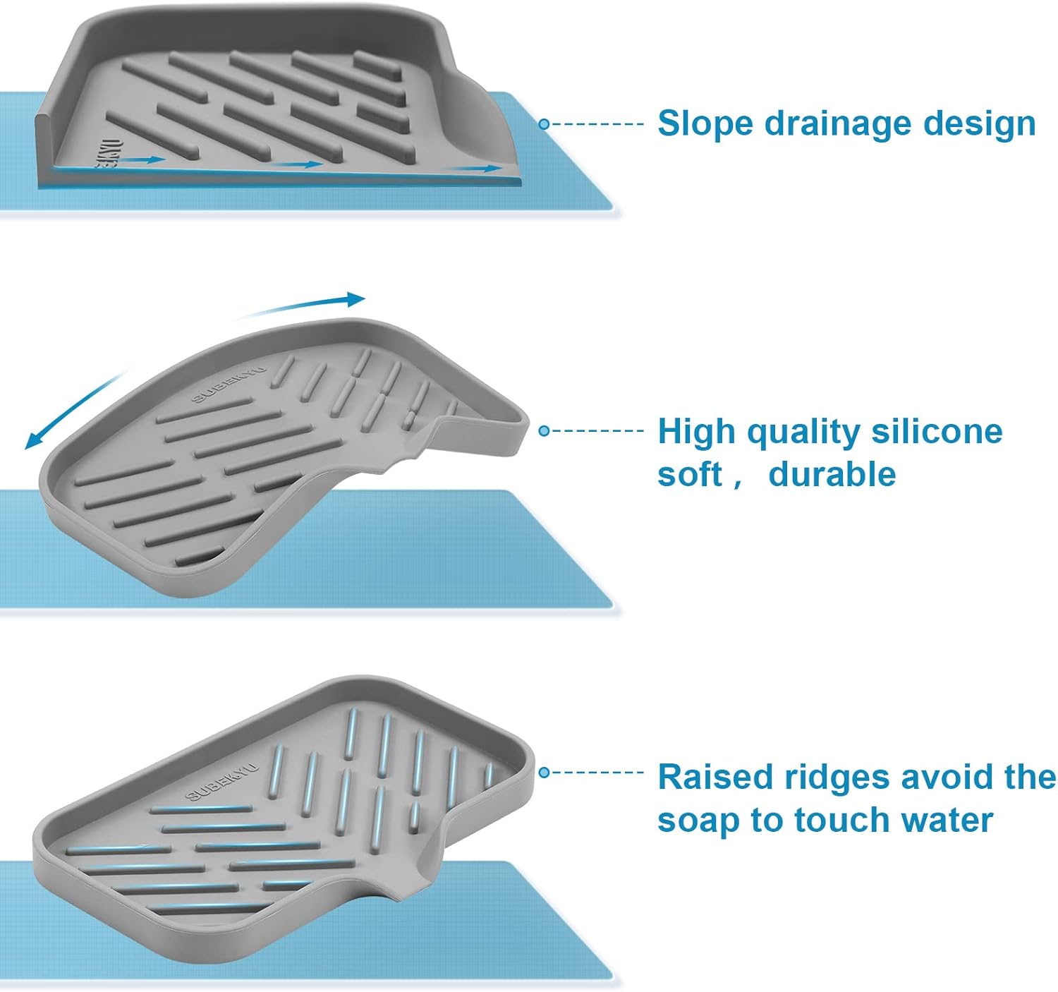 SUBEKYU Silicone Kitchen Soap Tray, Sink Tray for Kitchen Counter/Soap Bottles, Sponge Holder and Organizer with Drain Spout, Grey, [Size: 9.5 x 5 inch]-2
