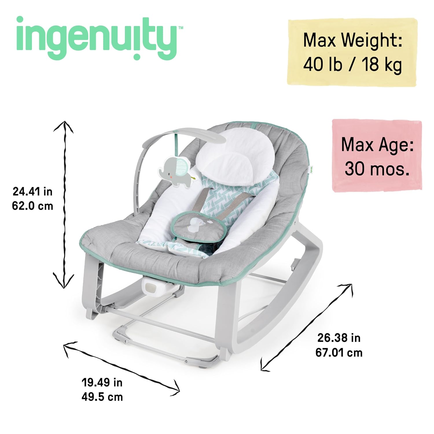 Ingenuity Keep Cozy 3-in-1 Grow with Me Vibrating Baby Bouncer, Seat & Infant to Toddler Rocker, Vibrations & -Toy Bar, 0-30 Months Up to 40 lbs (Weaver)-5