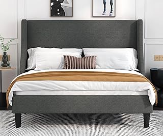 Allewie Queen Bed Frame, Platform Bed Frame Queen Size with Upholstered Headboard, Modern Deluxe Wingback, Wood Slat Support, Mattress Foundation, Dark Grey