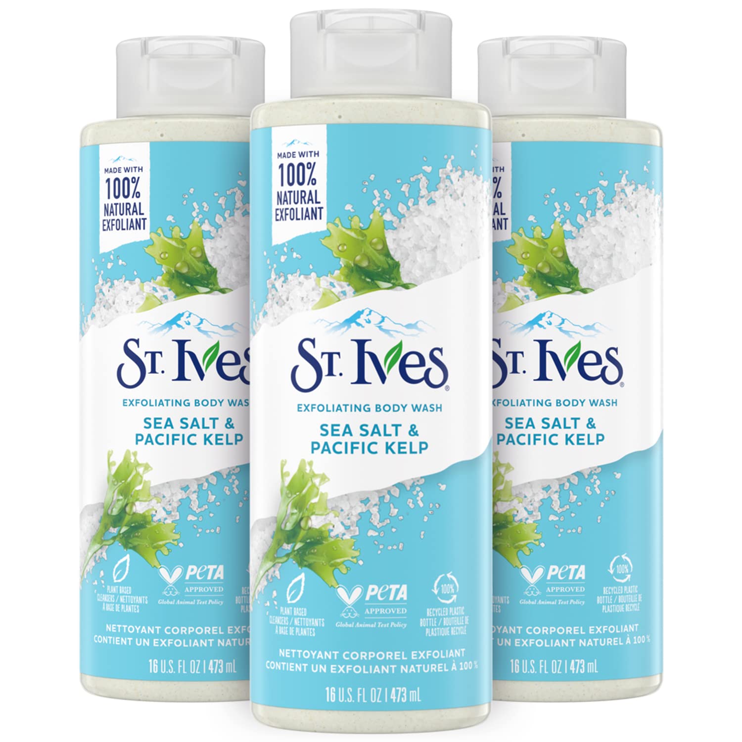 St. Ives Exfoliating Body Wash - Sea Salt & Pacific Kelp Scrub, Natural Body Wash, Body Soap, or Hand Soap with Plant-Based Exfoliants for Glowing Skin, 16 Oz Ea (Pack of 3)-0