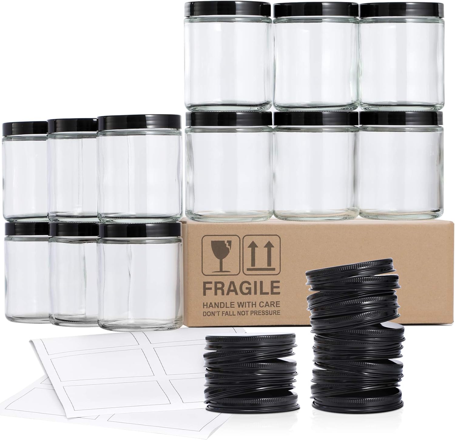 12 Pack, 8 OZ Thick Glass Jars with Lids, Clear Candle Jars with 12 Metal & 12 Plastic Lids - Empty Round Food Storage Containers, Canning Jar For Spice, Powder, Liquid, Sample - Dishwasher Safe-0