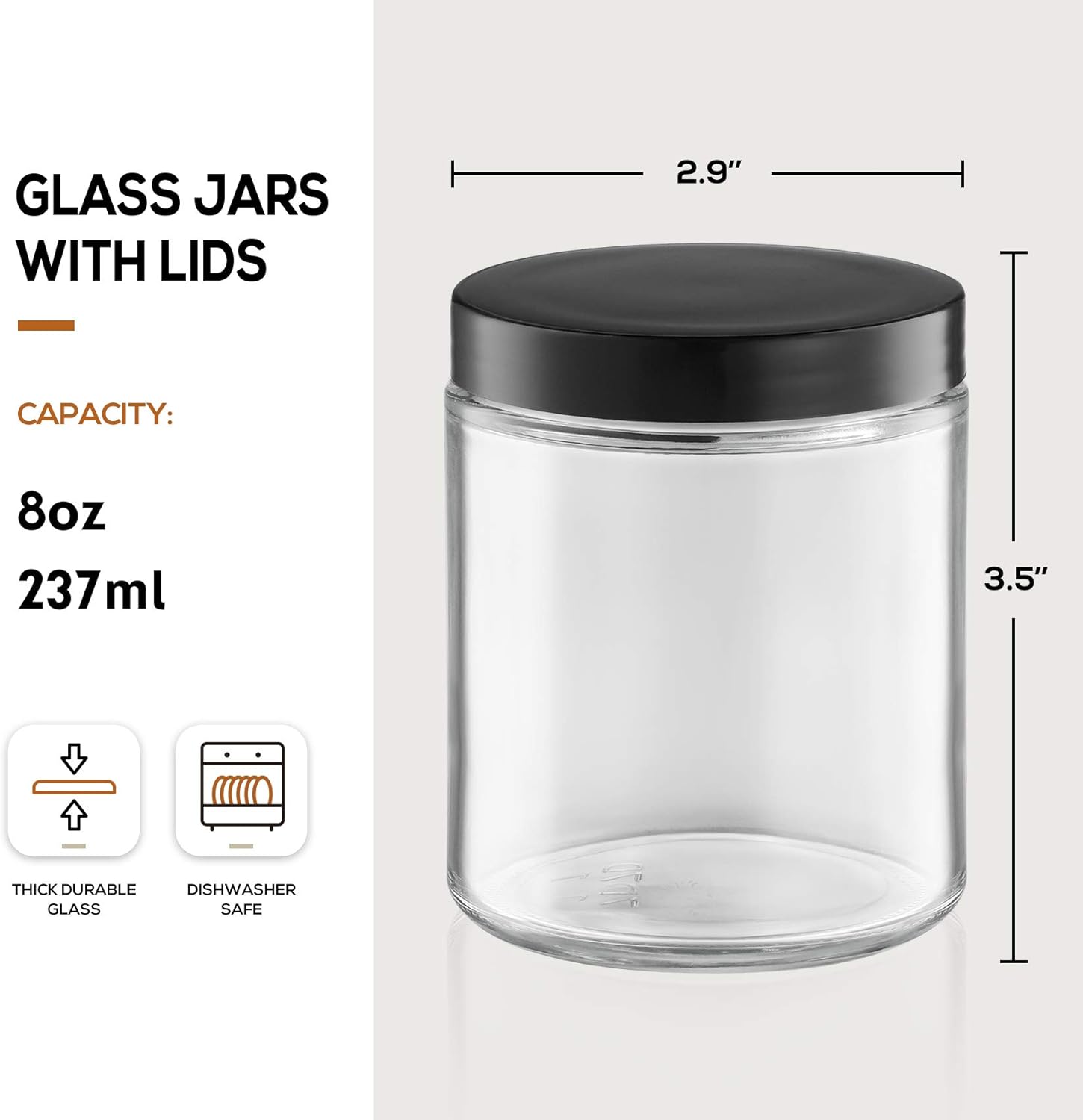 12 Pack, 8 OZ Thick Glass Jars with Lids, Clear Candle Jars with 12 Metal & 12 Plastic Lids - Empty Round Food Storage Containers, Canning Jar For Spice, Powder, Liquid, Sample - Dishwasher Safe-1