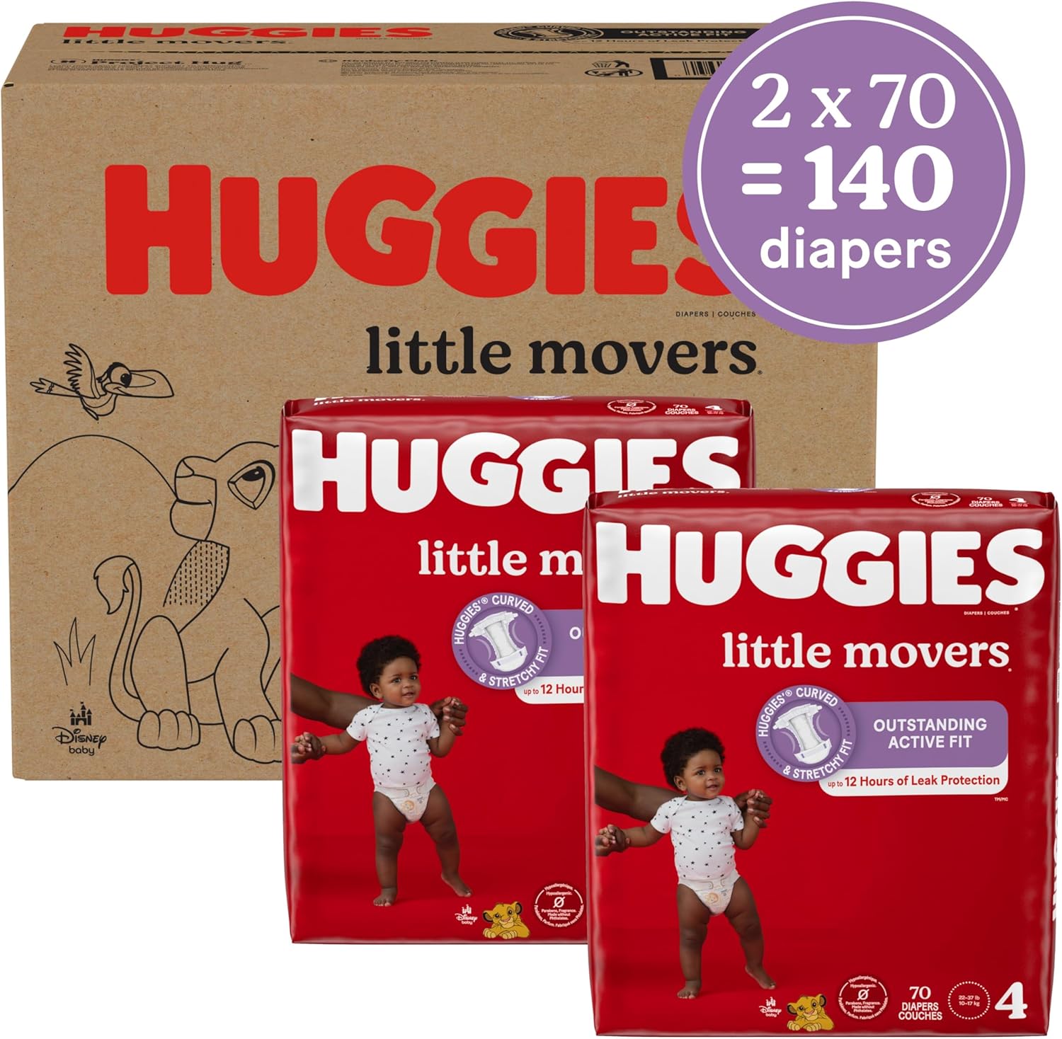 Huggies Size 4 Diapers, Little Movers Baby Diapers, Size 4 (22-37 lbs), 140 Ct (2 Packs of 70)-1