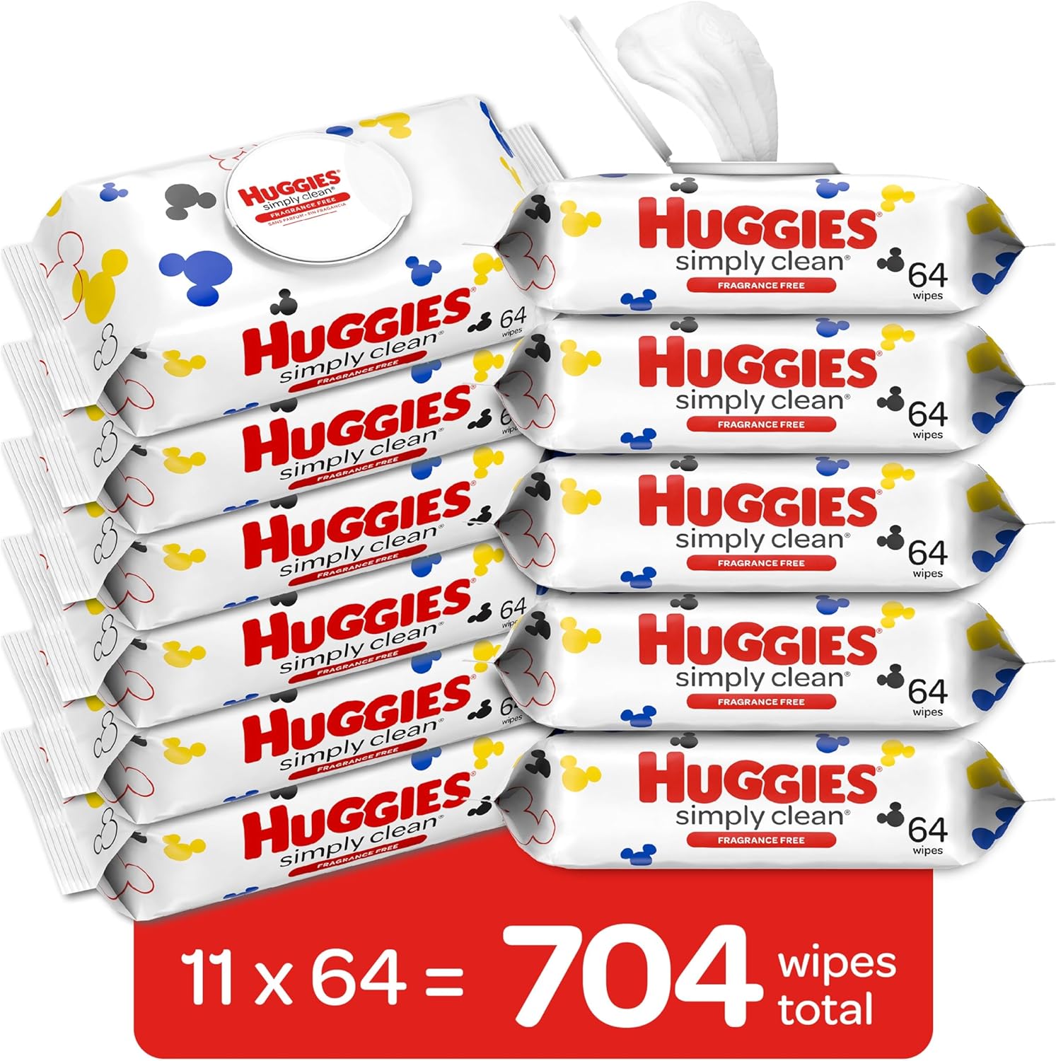 Huggies Simply Clean Fragrance-Free Baby Wipes, Unscented Diaper Wipes, 11 Flip-Top Packs (704 Wipes Total)-1