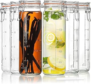 [Upgraded] 20 oz Glass Jars with Airtight Lids for Vanilla Extract, 6 Pack Glass Juice Bottles with 2 Measurement Marks, Glass Food Storage Canister Set For Beans, Spice, Tea, Drink, Milk. 600ML