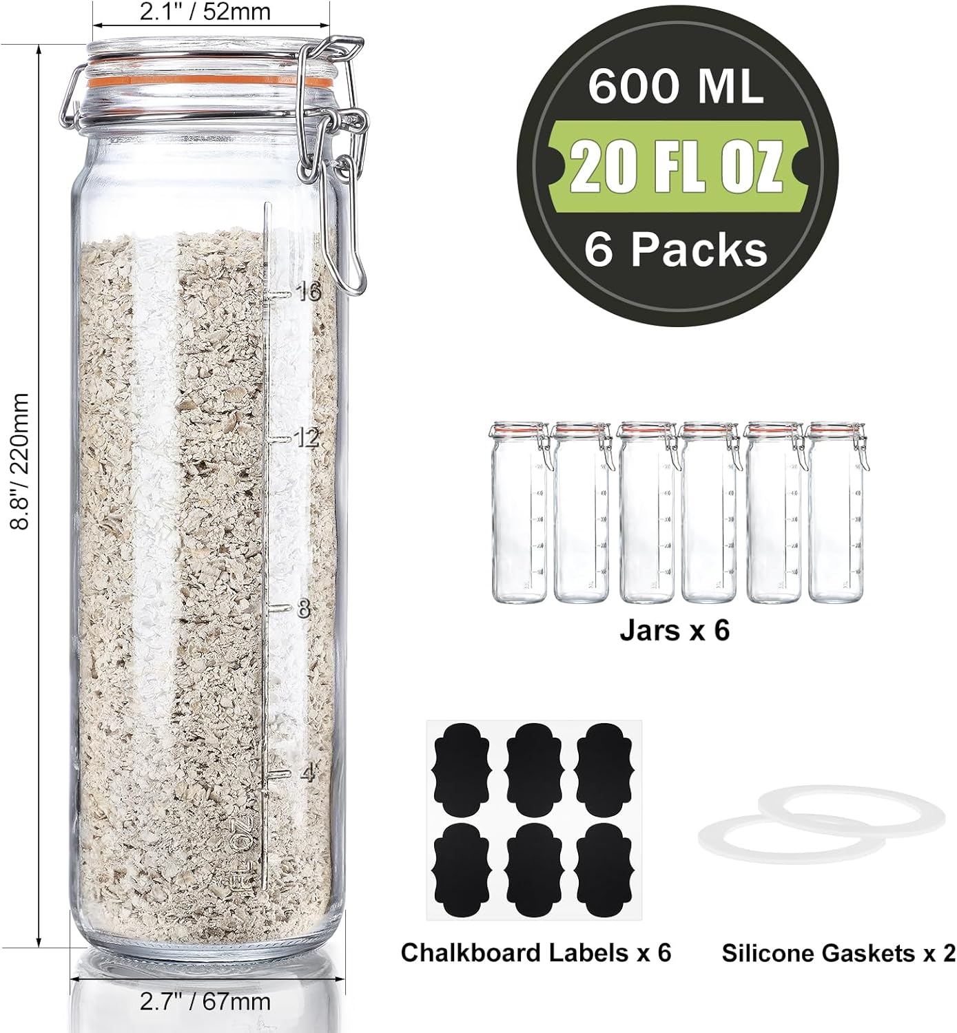 [Upgraded] 20 oz Glass Jars with Airtight Lids for Vanilla Extract, 6 Pack Glass Juice Bottles with 2 Measurement Marks, Glass Food Storage Canister Set For Beans, Spice, Tea, Drink, Milk. 600ML-5