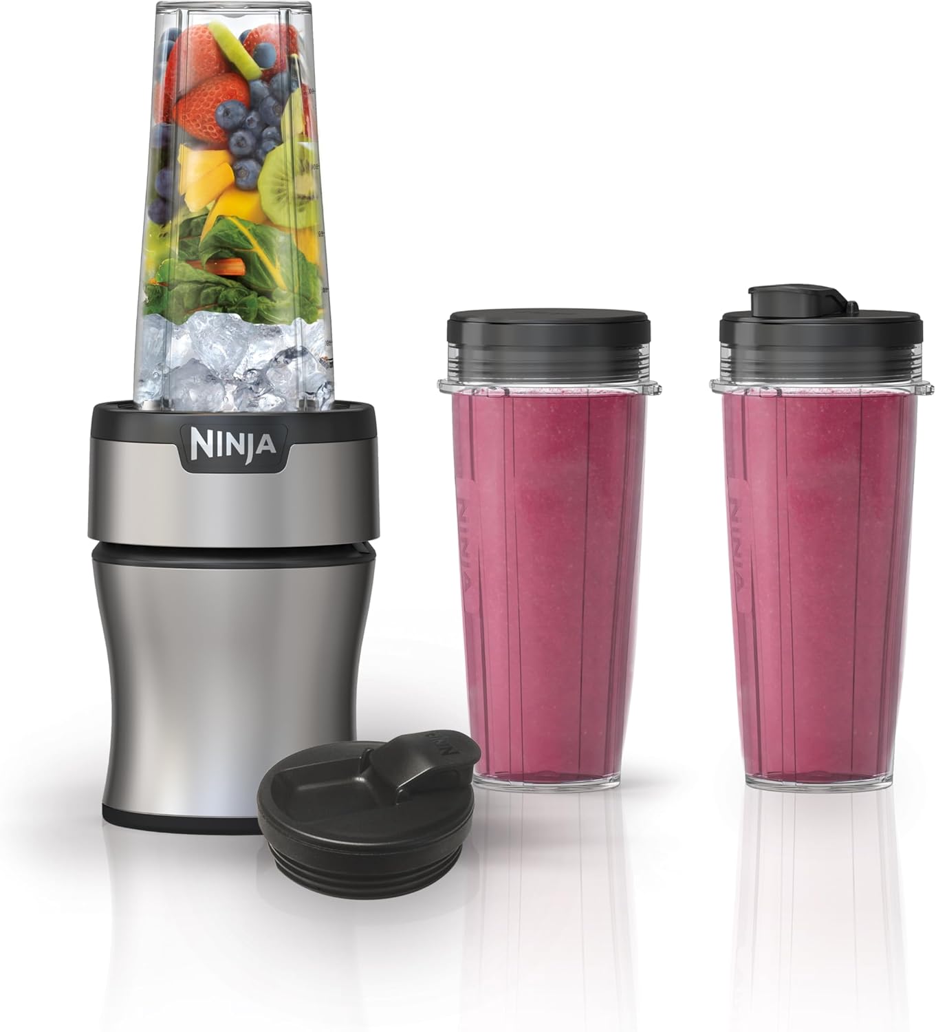 Ninja BN301 Nutri-Blender Plus Compact Personal Blender, 900-Peak-Watt Motor, Frozen Drinks, Smoothies, Sauces & More, (3) 20 oz. To-Go Cups, (2) Spout-Lids (1) Storage-Lid, Dishwasher Safe, Silver-0