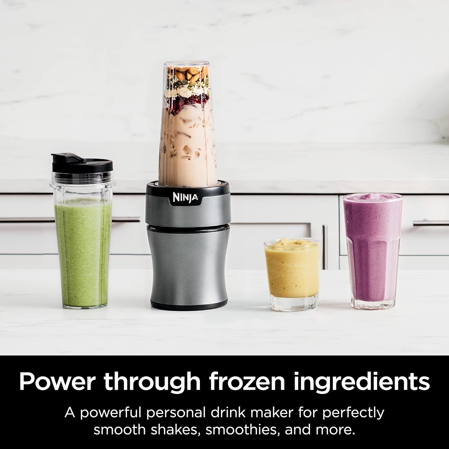 Ninja BN301 Nutri-Blender Plus Compact Personal Blender, 900-Peak-Watt Motor, Frozen Drinks, Smoothies, Sauces & More, (3) 20 oz. To-Go Cups, (2) Spout-Lids (1) Storage-Lid, Dishwasher Safe, Silver-1