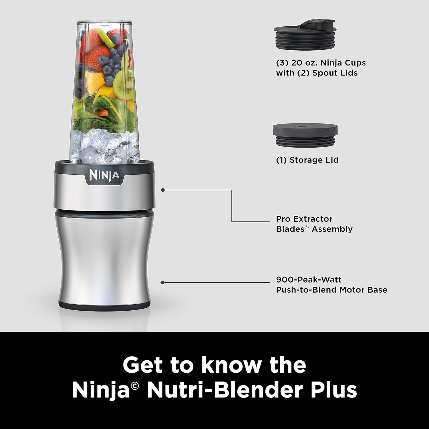 Ninja BN301 Nutri-Blender Plus Compact Personal Blender, 900-Peak-Watt Motor, Frozen Drinks, Smoothies, Sauces & More, (3) 20 oz. To-Go Cups, (2) Spout-Lids (1) Storage-Lid, Dishwasher Safe, Silver-8