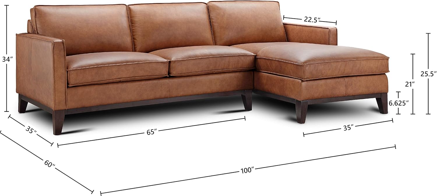 Pimlico 100 Percent Top Grain Leather L-Shaped Sectional with Chaise, Right Arm Facing, Brown-1