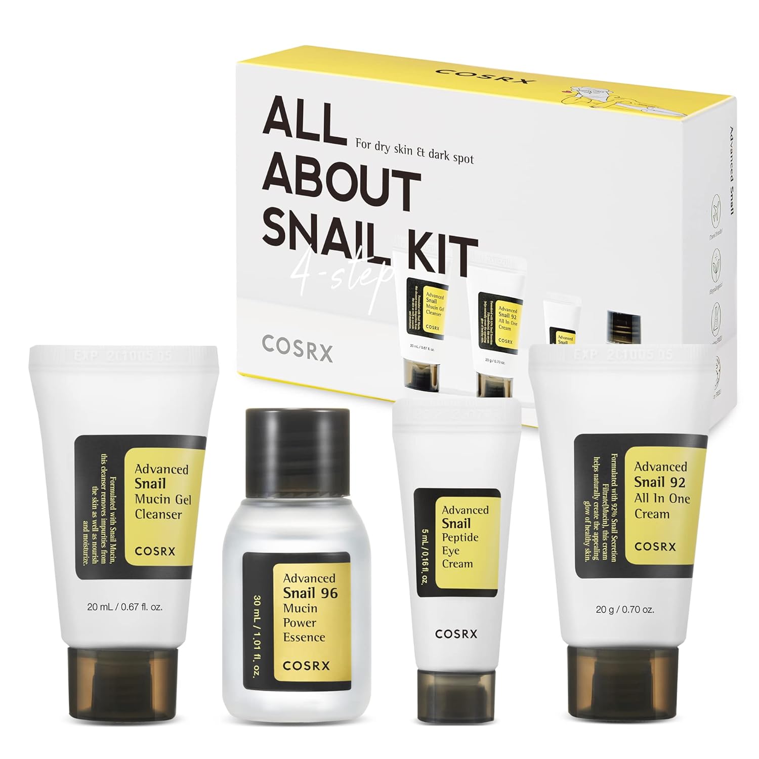 COSRX All About Snail Mucin Korean Skin Care Set, Mini Travel Essentials, Travel Size Gift Set with Snail Mucin Face Wash, Serum, Moisturizer & Eye Cream, Rejuvenating Kit-0