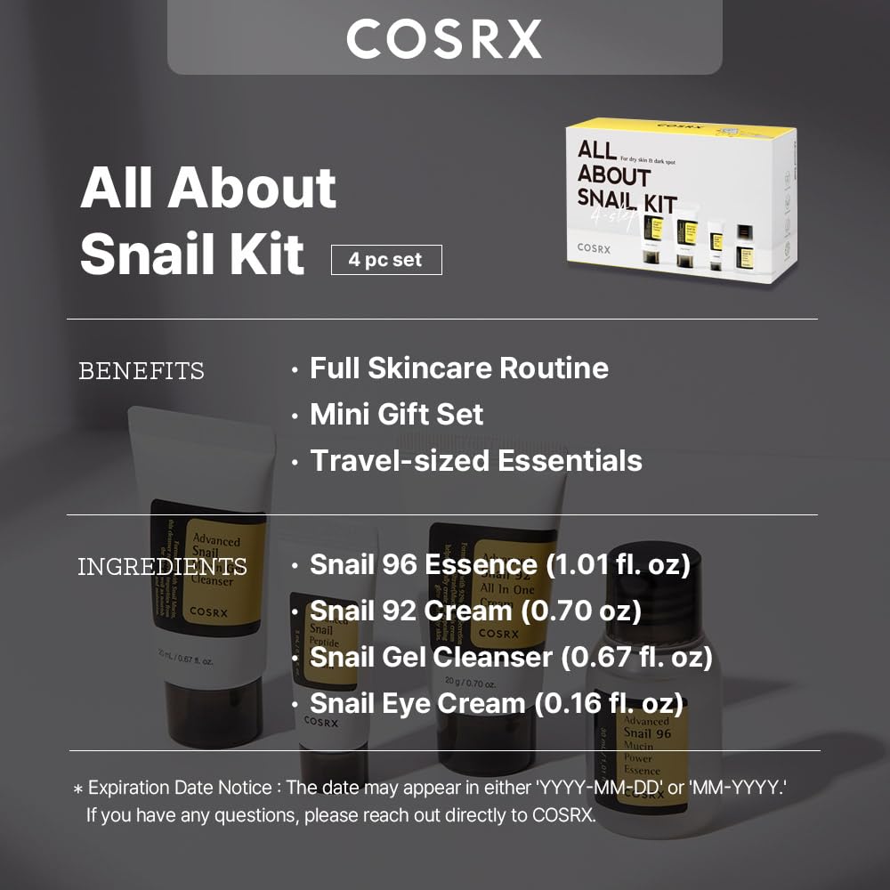 COSRX All About Snail Mucin Korean Skin Care Set, Mini Travel Essentials, Travel Size Gift Set with Snail Mucin Face Wash, Serum, Moisturizer & Eye Cream, Rejuvenating Kit-1