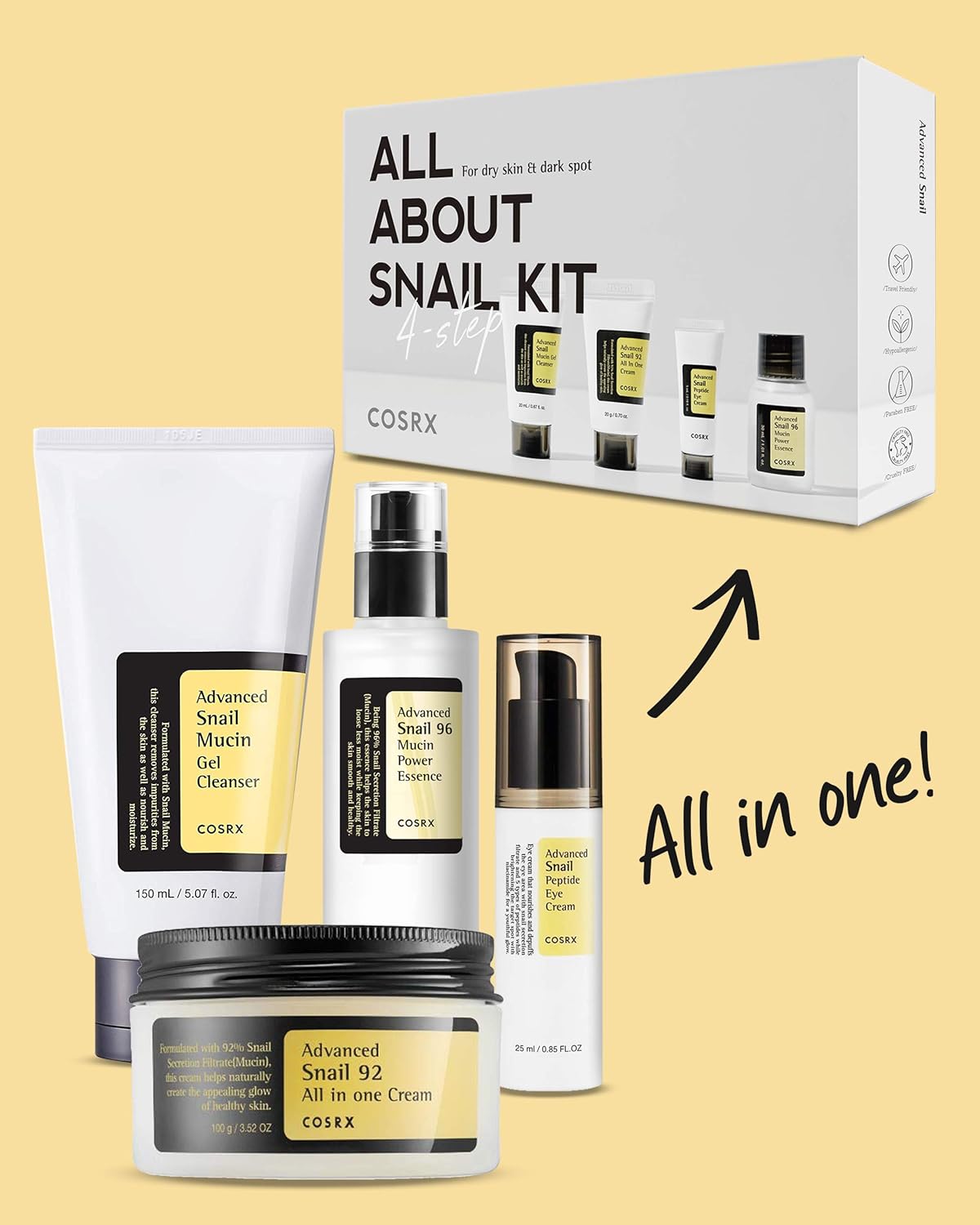 COSRX All About Snail Mucin Korean Skin Care Set, Mini Travel Essentials, Travel Size Gift Set with Snail Mucin Face Wash, Serum, Moisturizer & Eye Cream, Rejuvenating Kit-2