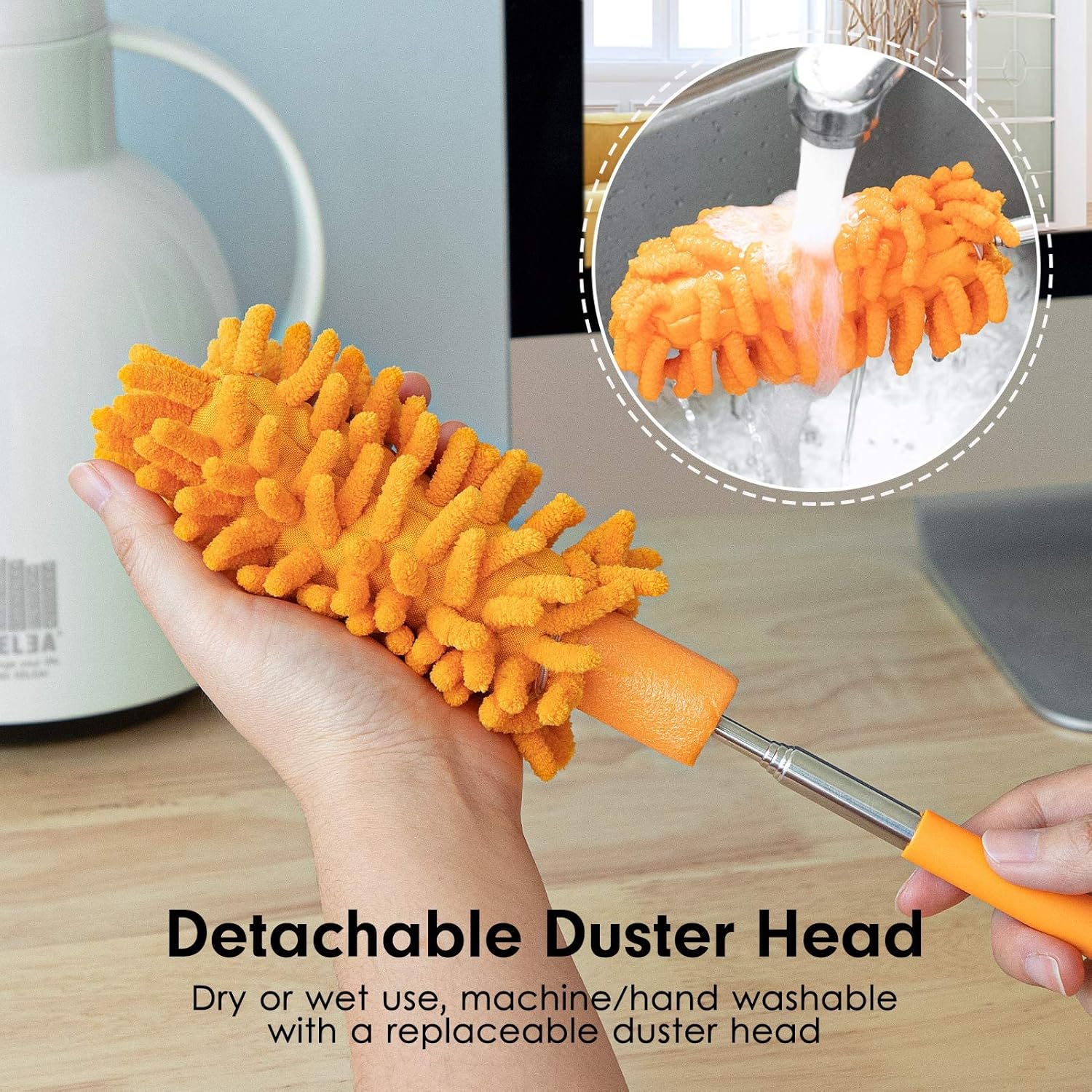 Microfiber Duster for Cleaning, Tukuos Hand Washable Dusters with 2pcs Replaceable Microfiber Head, Extendable Pole, Detachable Cleaning Supplies for Office, Car, Window, Furniture, Ceiling Fan-1