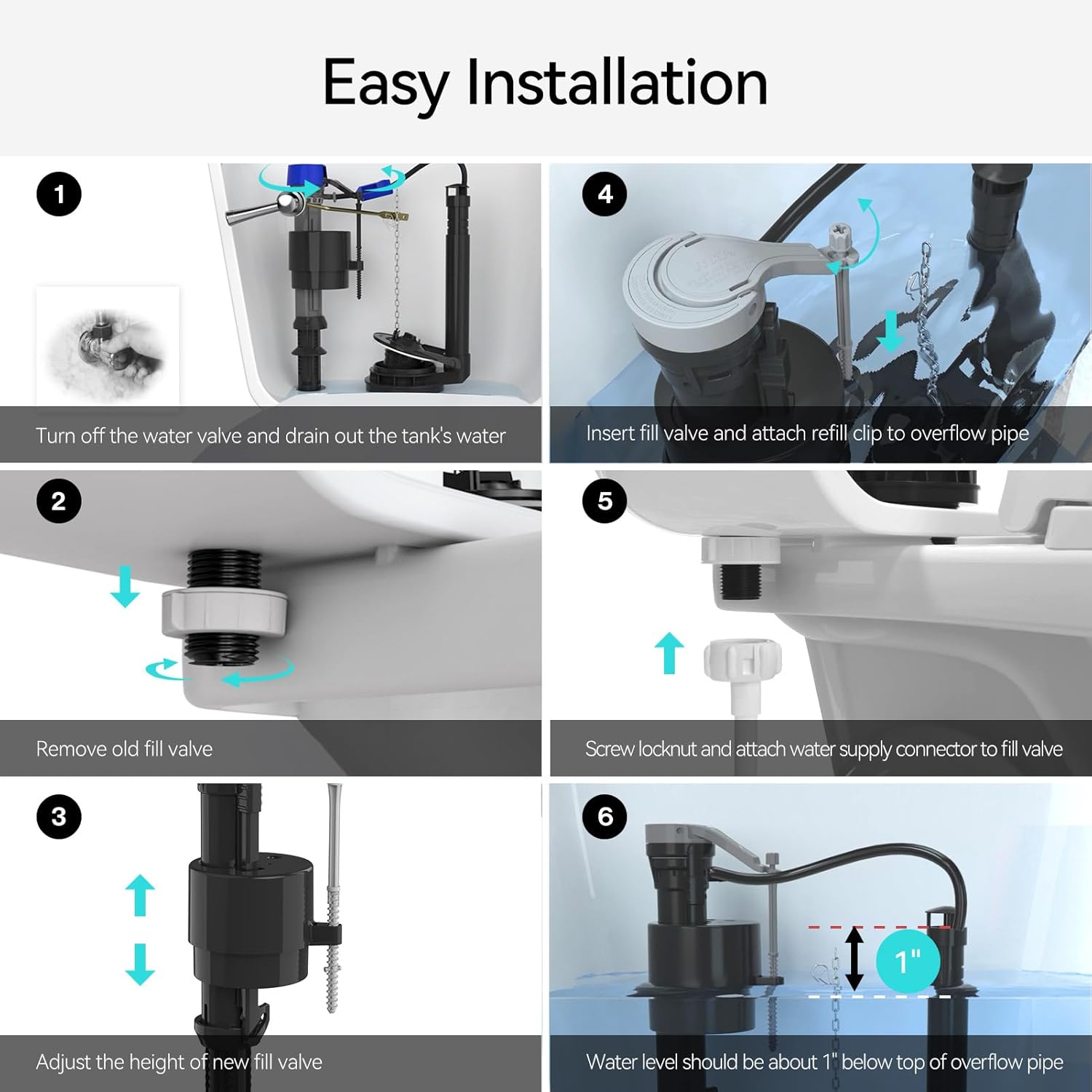 R&T Toilet Fill Valve, Anti Siphon Toilet Tank Replacement Kit, Universal Easy Install Toilet Parts Inside Tank-5