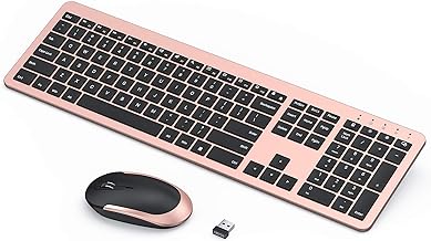 seenda Rechargeable Wireless Keyboard Mouse Combo Full Size Cordless Keyboard & Mouse Sets with Build-in Lithium Battery Ultra Thin Quiet Keyboard Mice (Rose Gold & Black)