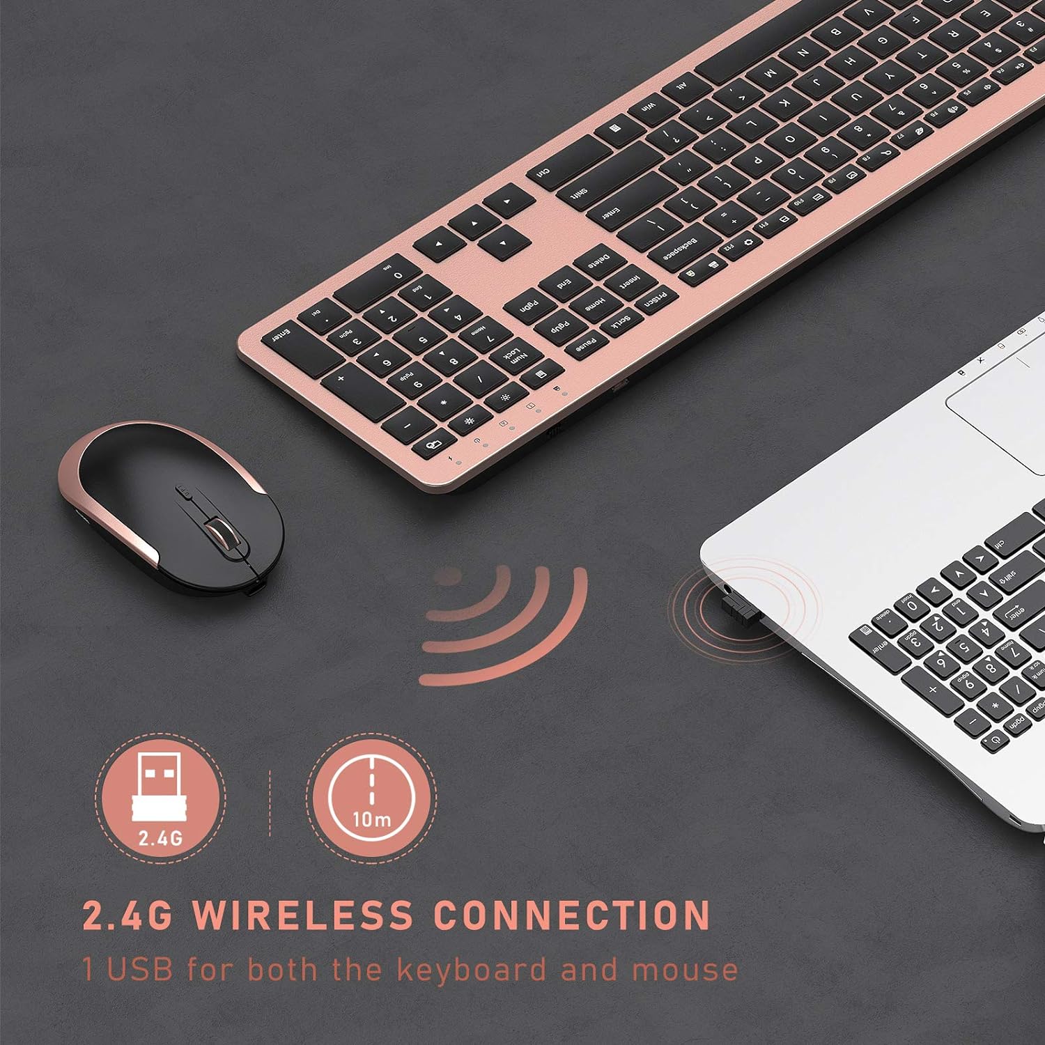 seenda Rechargeable Wireless Keyboard Mouse Combo Full Size Cordless Keyboard & Mouse Sets with Build-in Lithium Battery Ultra Thin Quiet Keyboard Mice (Rose Gold & Black)-2