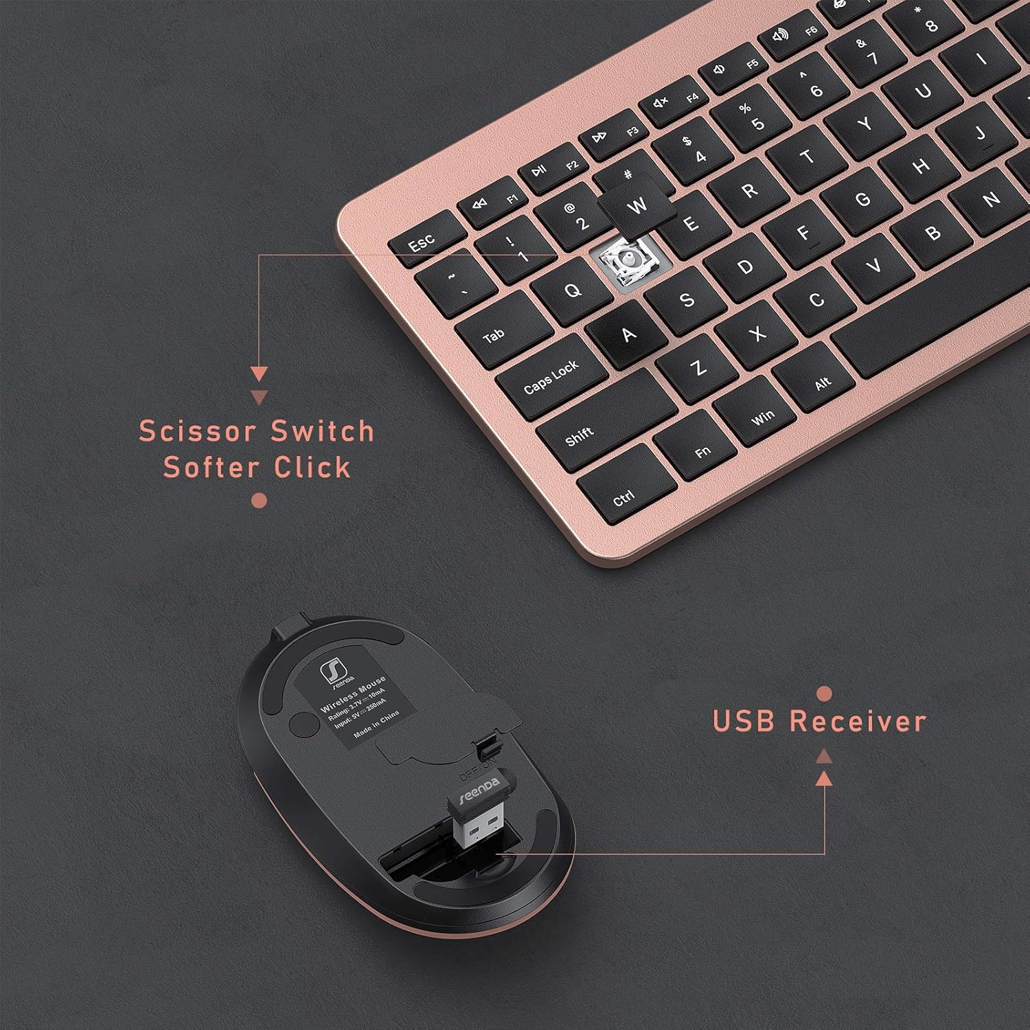 seenda Rechargeable Wireless Keyboard Mouse Combo Full Size Cordless Keyboard & Mouse Sets with Build-in Lithium Battery Ultra Thin Quiet Keyboard Mice (Rose Gold & Black)-3