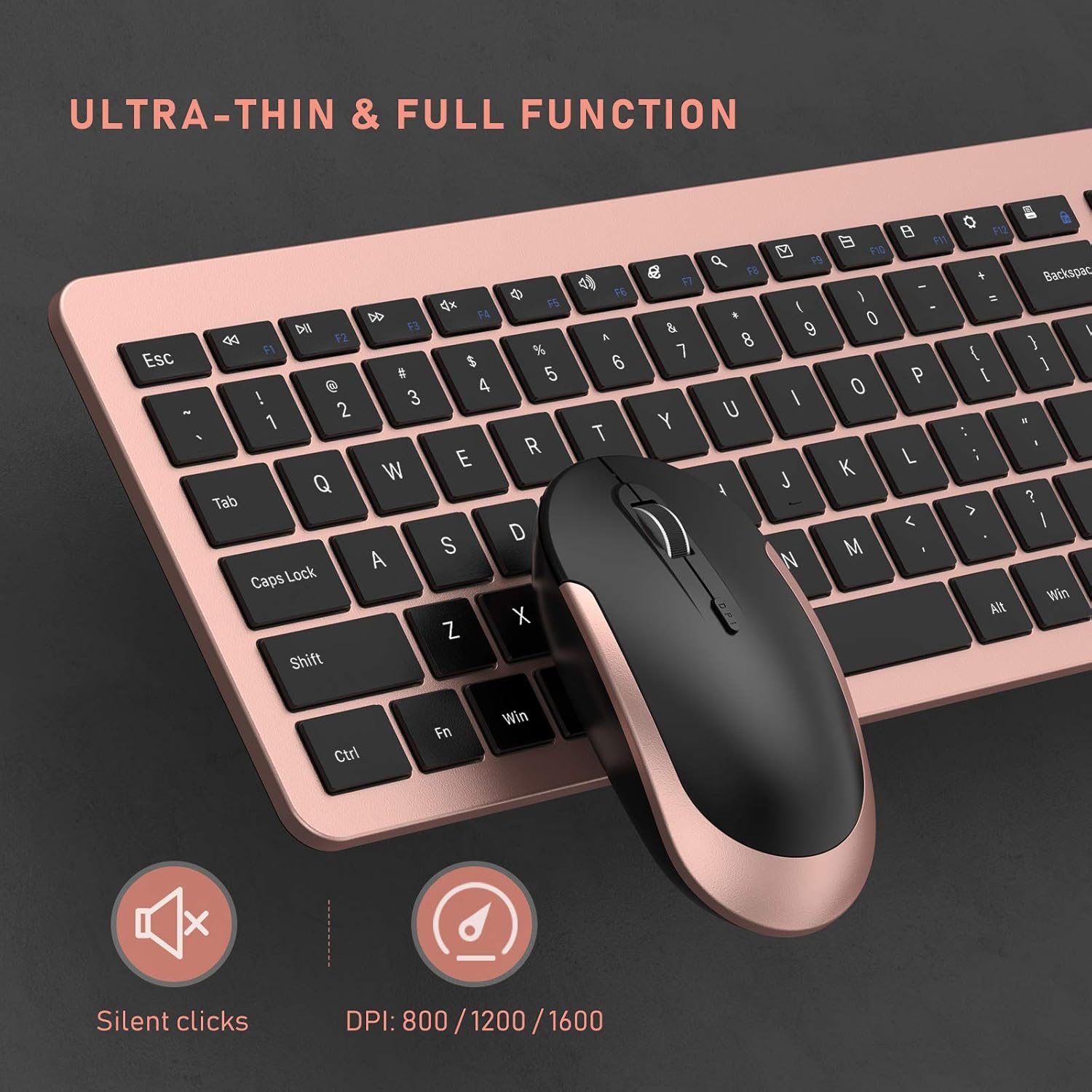 seenda Rechargeable Wireless Keyboard Mouse Combo Full Size Cordless Keyboard & Mouse Sets with Build-in Lithium Battery Ultra Thin Quiet Keyboard Mice (Rose Gold & Black)-5