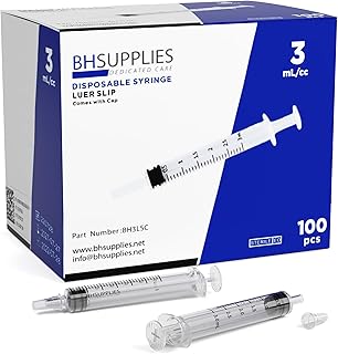 BH Supplies 3ml Luer Slip Tip Syringe - with Caps - (No Needle) - Sterile, Individually Wrapped - 100 Syringes