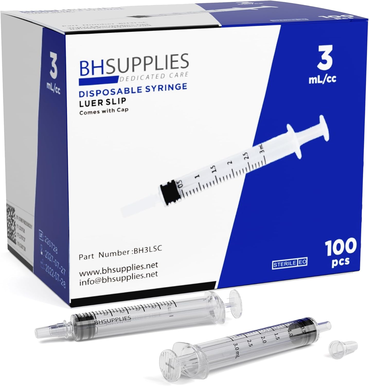 BH Supplies 3ml Luer Slip Tip Syringe - with Caps - (No Needle) - Sterile, Individually Wrapped - 100 Syringes-0