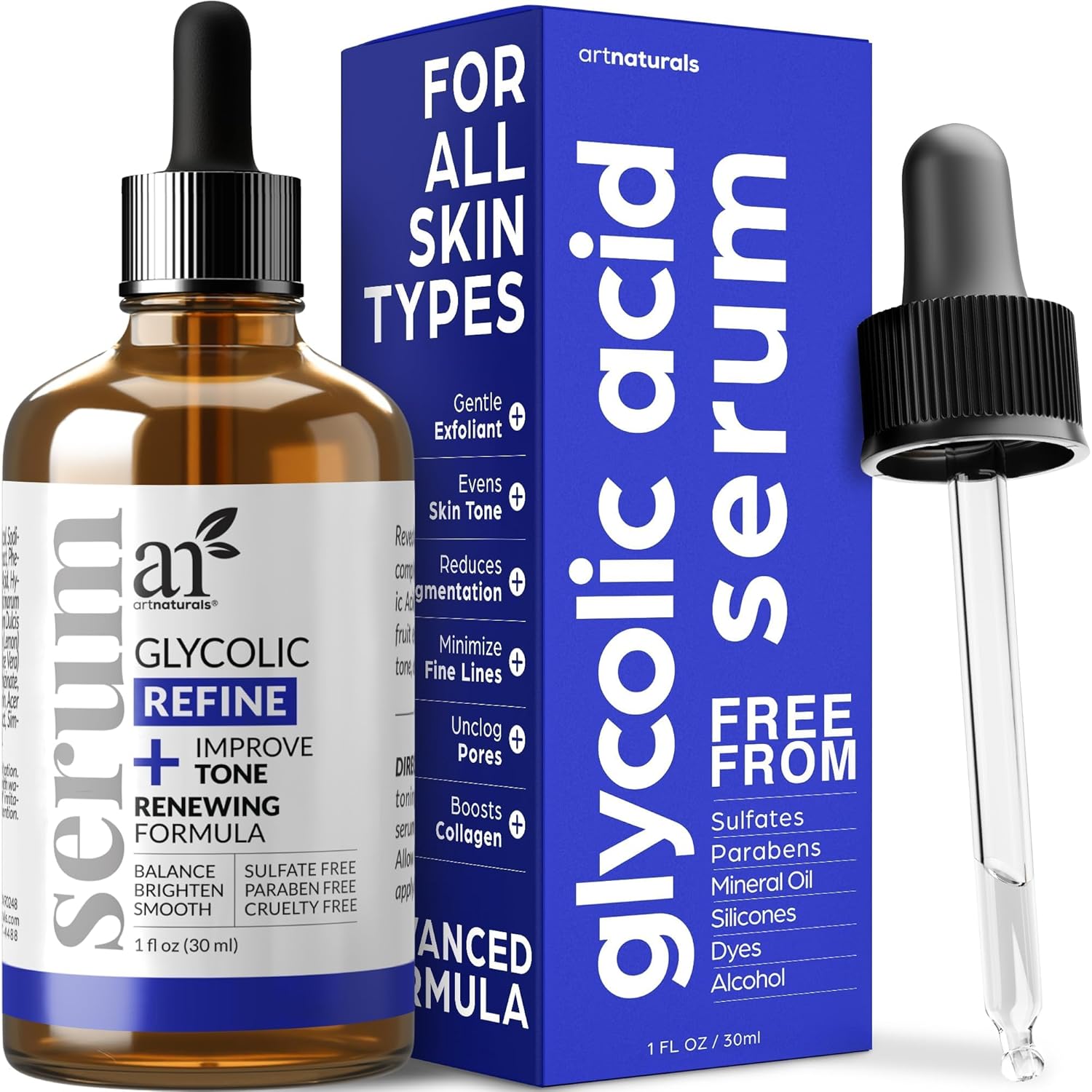 artnaturals Glycolic Serum - Face Serum - Vitamin C and Aloe Vera - Exfoliates and Minimizes Pores, Reduce Acne, Breakouts, and Appearance of Aging and Scars -1 oz.-0