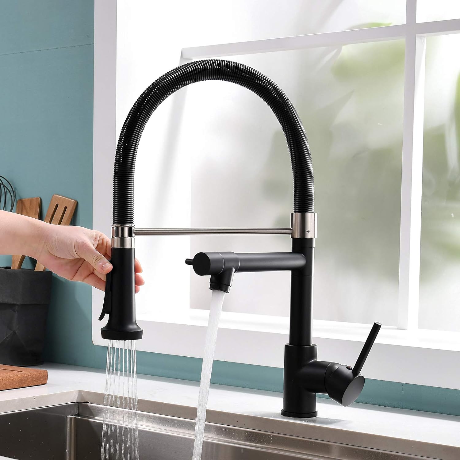 Pull Down Kitchen Faucet with Sprayer,Fapully Commercial Black Spring Kitchen Sink Faucet with Brushed Nickel-1