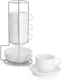 Sweese 2.5 Ounce Porcelain Stackable Espresso Cups with Saucers and Metal Stand Set of 4, White