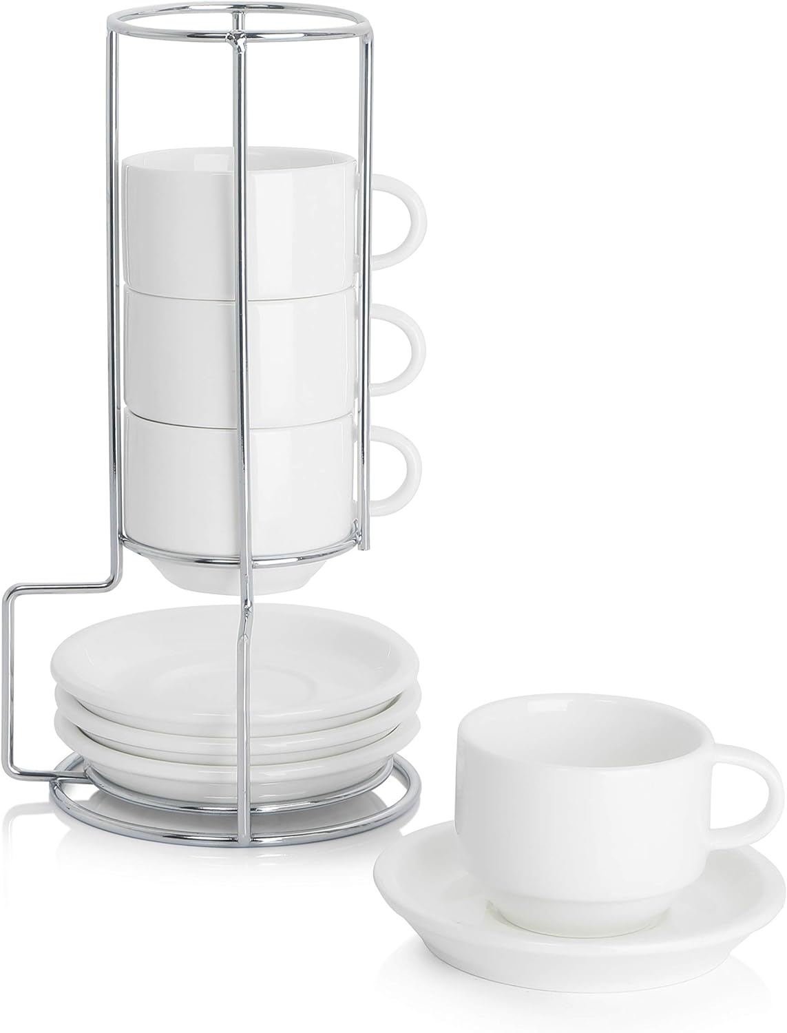 Sweese 2.5 Ounce Porcelain Stackable Espresso Cups with Saucers and Metal Stand Set of 4, White-0