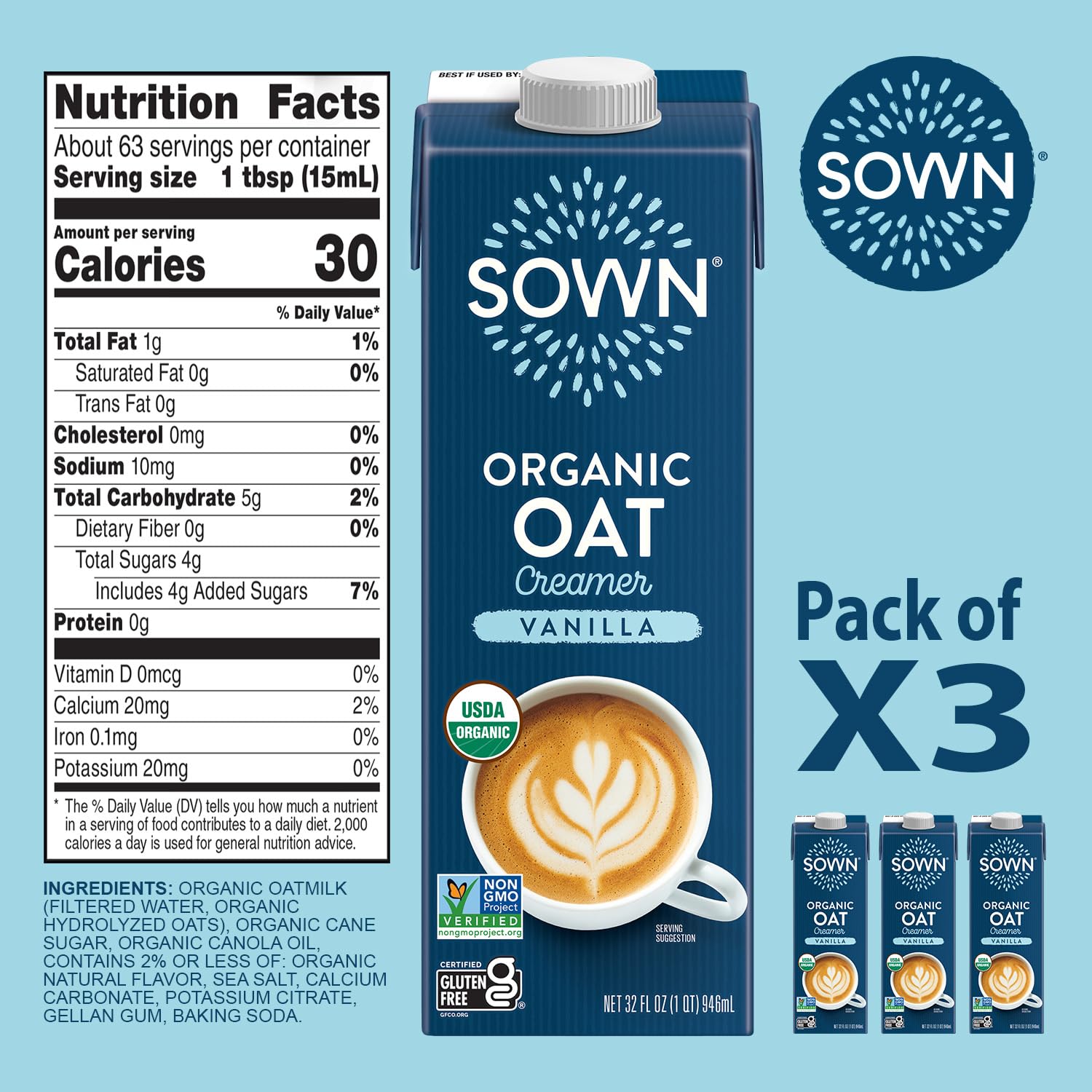 SOWN Organic Oat Creamer Vanilla - Barista Oat Milk Non Dairy Coffee Creamer - Plant Based, Dairy-Free, Vegan, Gluten-Free, Non-GMO, Shelf Stable - 32oz (Pack of 3)-6