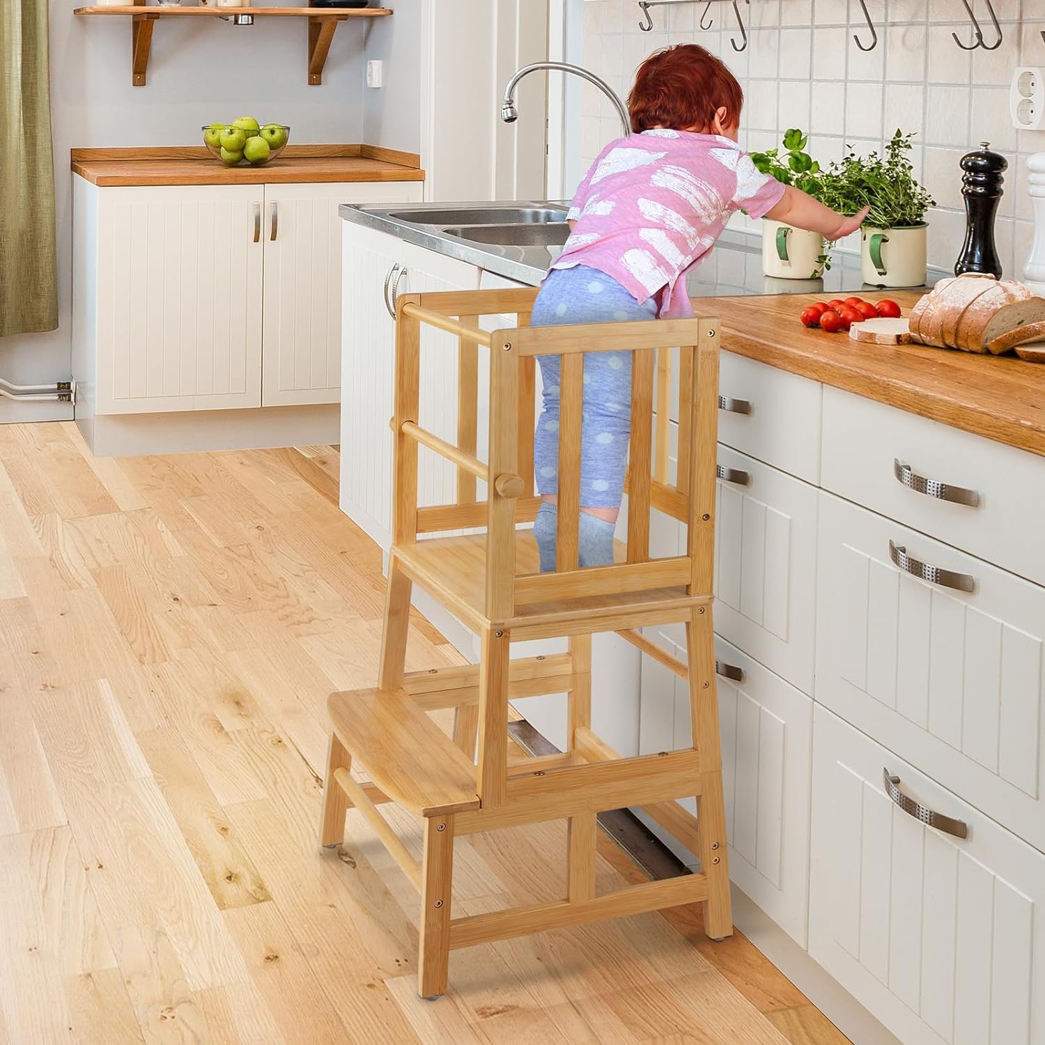 COSYLAND Kids Kitchen Step Stool，Toddler Standing Tower with CPC Certification, Removable Anti-Drop Railing Safety Rail Enjoys Unique Patented Design A Anti-tip Structure More Stable, Natural Bamboo-0