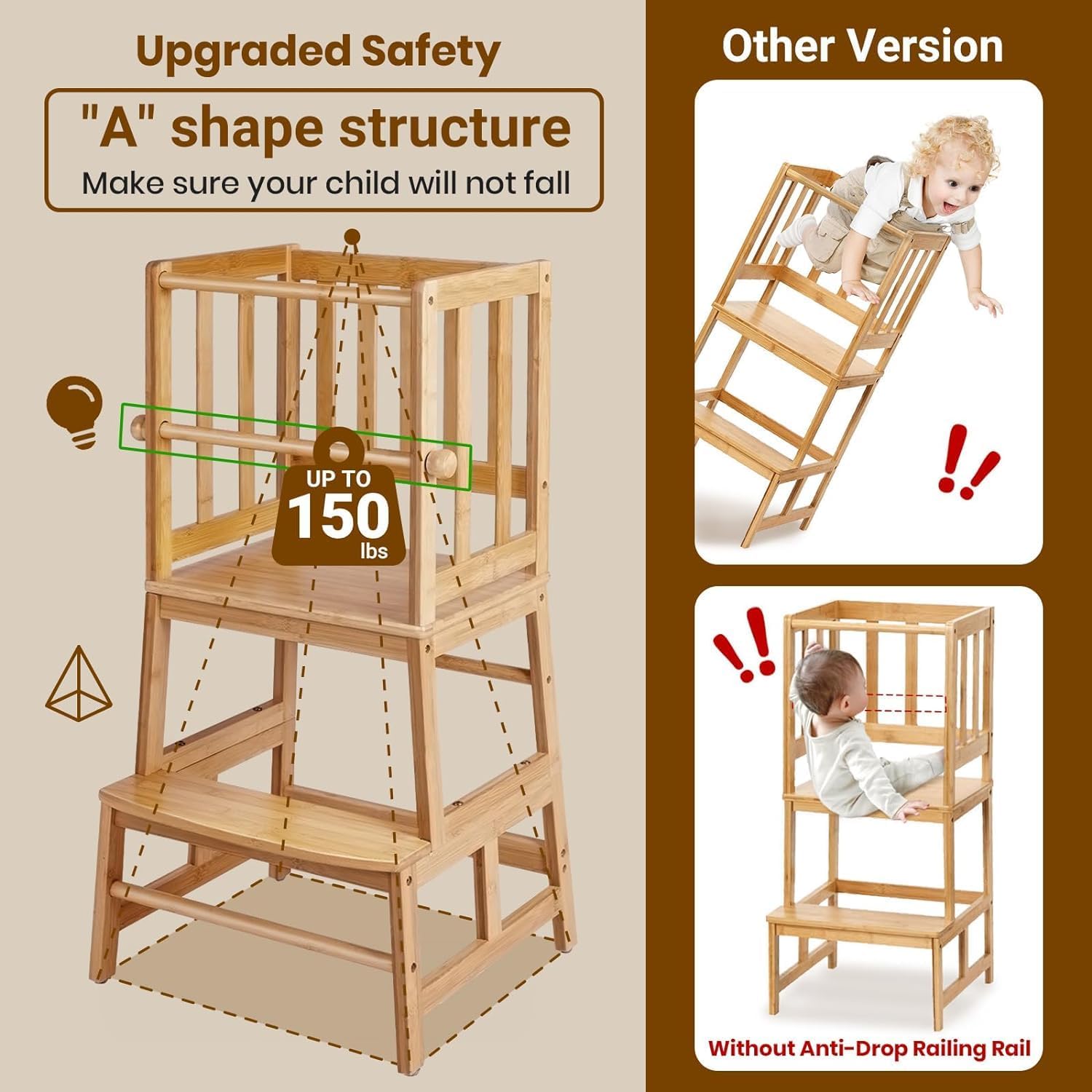 COSYLAND Kids Kitchen Step Stool，Toddler Standing Tower with CPC Certification, Removable Anti-Drop Railing Safety Rail Enjoys Unique Patented Design A Anti-tip Structure More Stable, Natural Bamboo-1