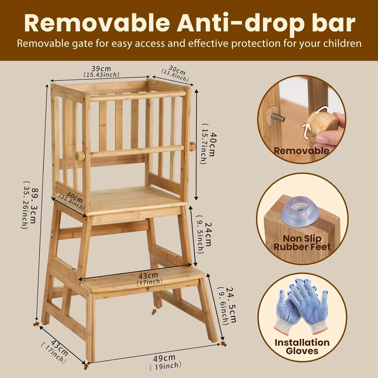 COSYLAND Kids Kitchen Step Stool，Toddler Standing Tower with CPC Certification, Removable Anti-Drop Railing Safety Rail Enjoys Unique Patented Design A Anti-tip Structure More Stable, Natural Bamboo-2