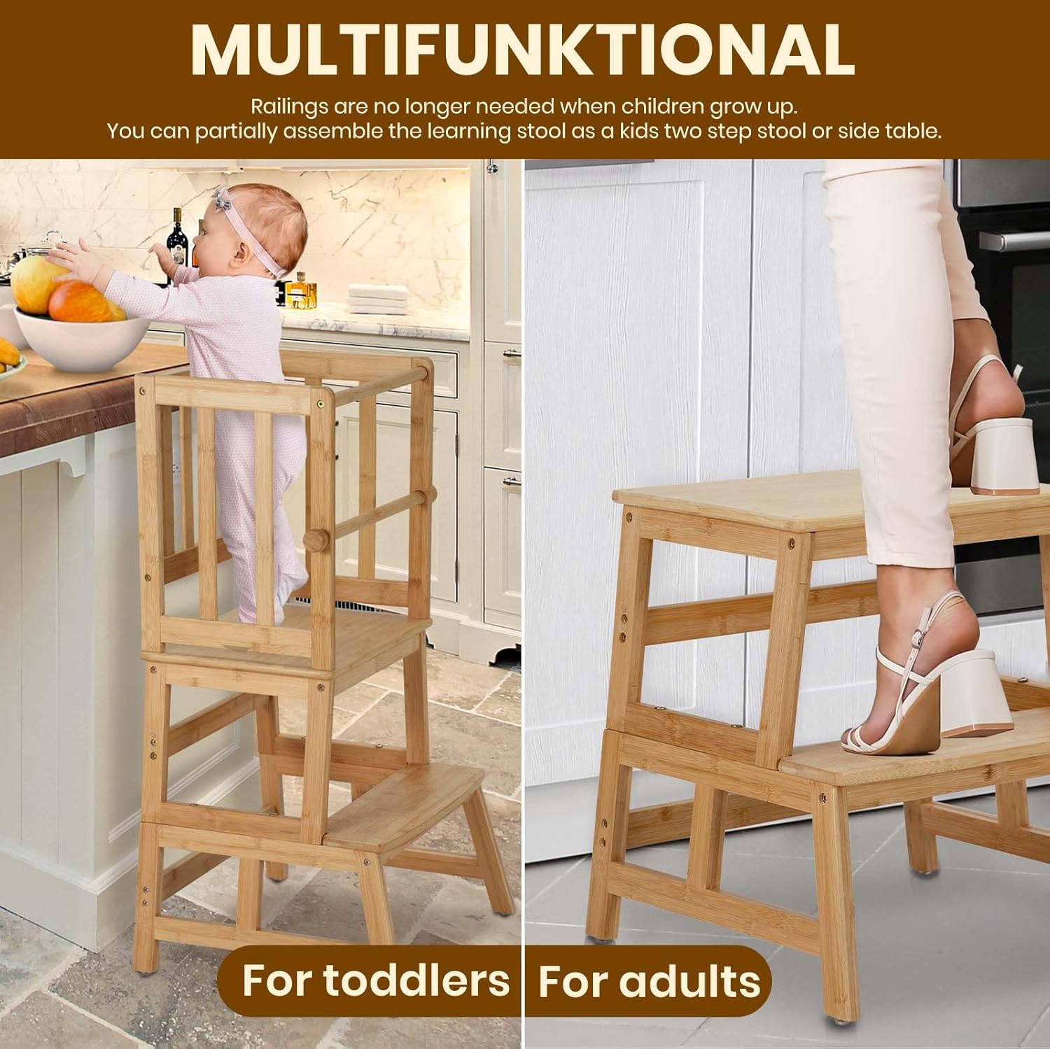 COSYLAND Kids Kitchen Step Stool，Toddler Standing Tower with CPC Certification, Removable Anti-Drop Railing Safety Rail Enjoys Unique Patented Design A Anti-tip Structure More Stable, Natural Bamboo-5