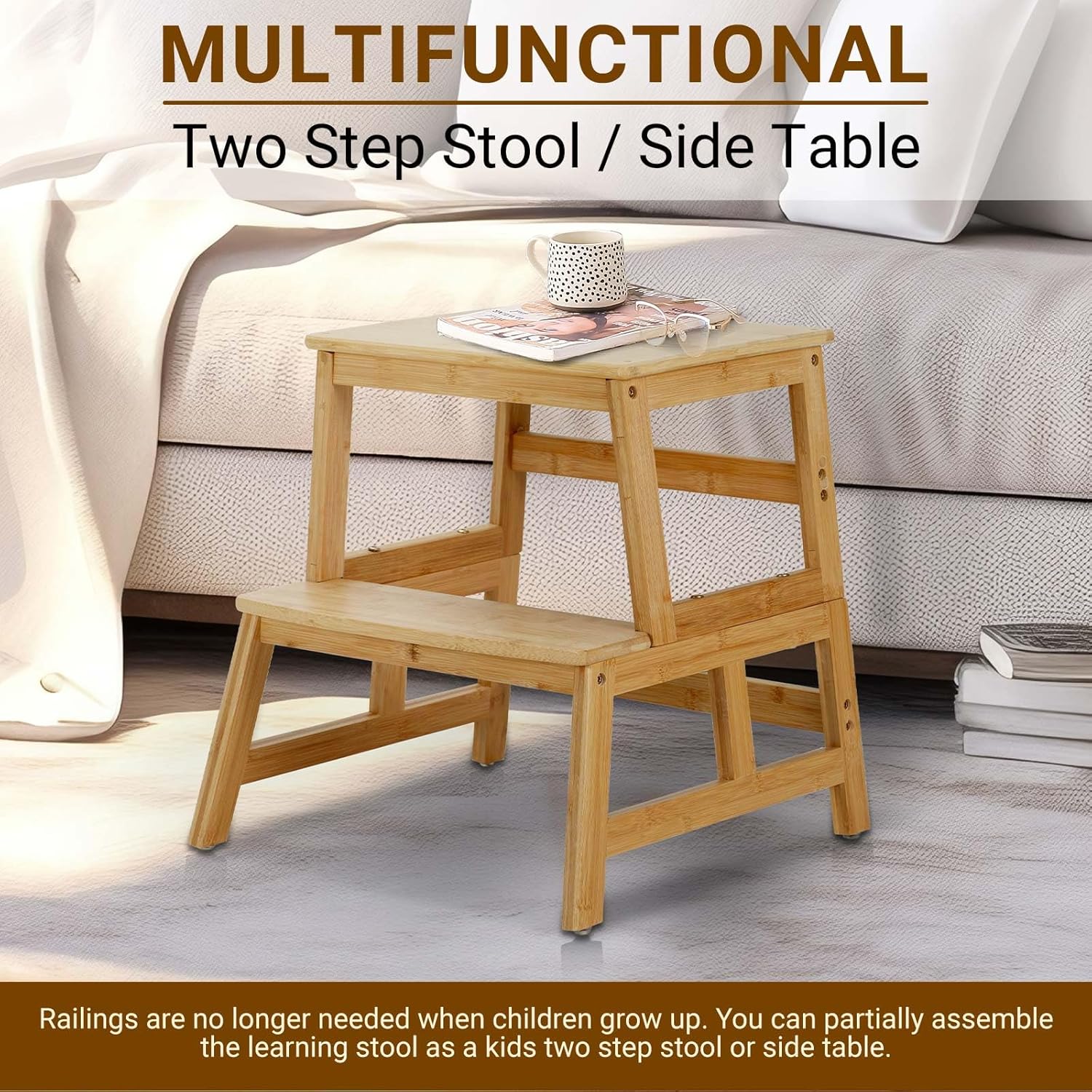 COSYLAND Kids Kitchen Step Stool，Toddler Standing Tower with CPC Certification, Removable Anti-Drop Railing Safety Rail Enjoys Unique Patented Design A Anti-tip Structure More Stable, Natural Bamboo-6