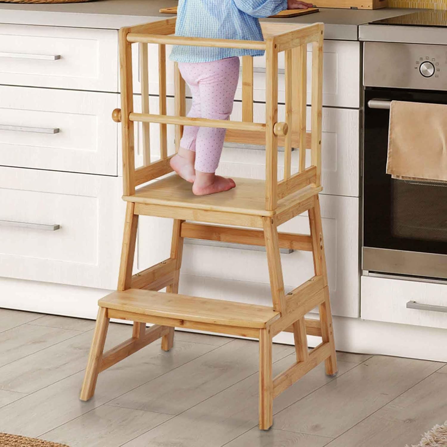 COSYLAND Kids Kitchen Step Stool，Toddler Standing Tower with CPC Certification, Removable Anti-Drop Railing Safety Rail Enjoys Unique Patented Design A Anti-tip Structure More Stable, Natural Bamboo-7