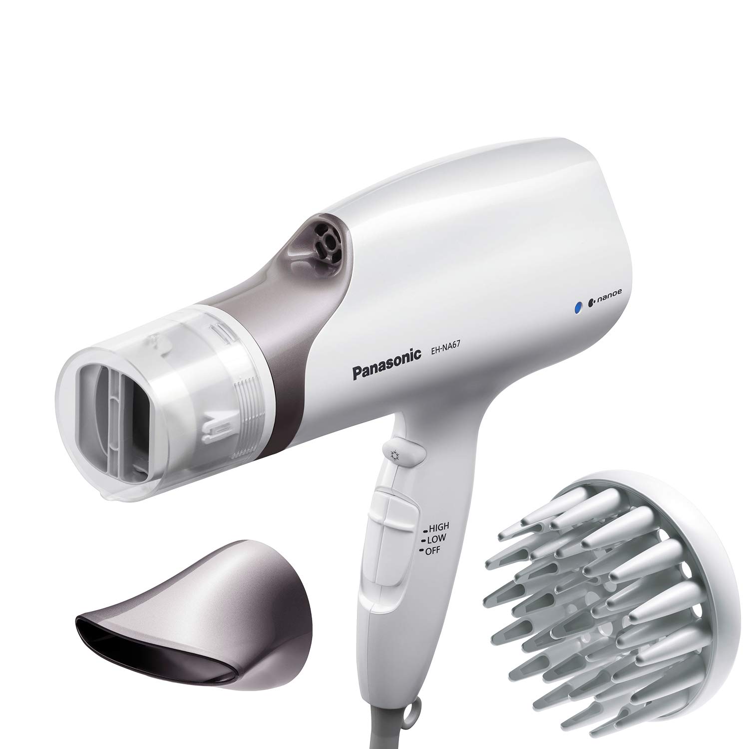 Panasonic Nanoe Salon Hair Dryer with Oscillating QuickDry Nozzle, Diffuser and Concentrator Attachments, 3 Speed Heat Settings for Easy Styling and Healthy Hair - EH-NA67-W (White)-0