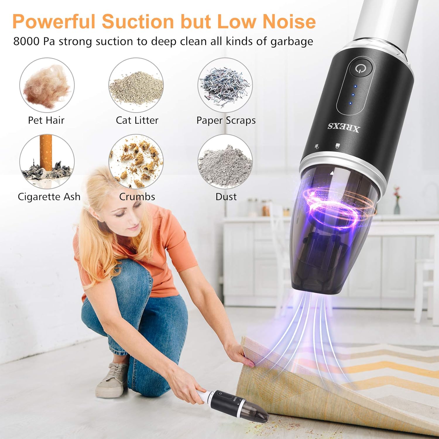 XREXS Handheld Vacuum Cordless, Portable Hand Held Car Vacuum Cleaner with High Power, Rechargeable Mini Vacuum for Home Office Pet Hair Cleaning, 8000Pa Strong Suction, Lightweight and Quick Charge-1