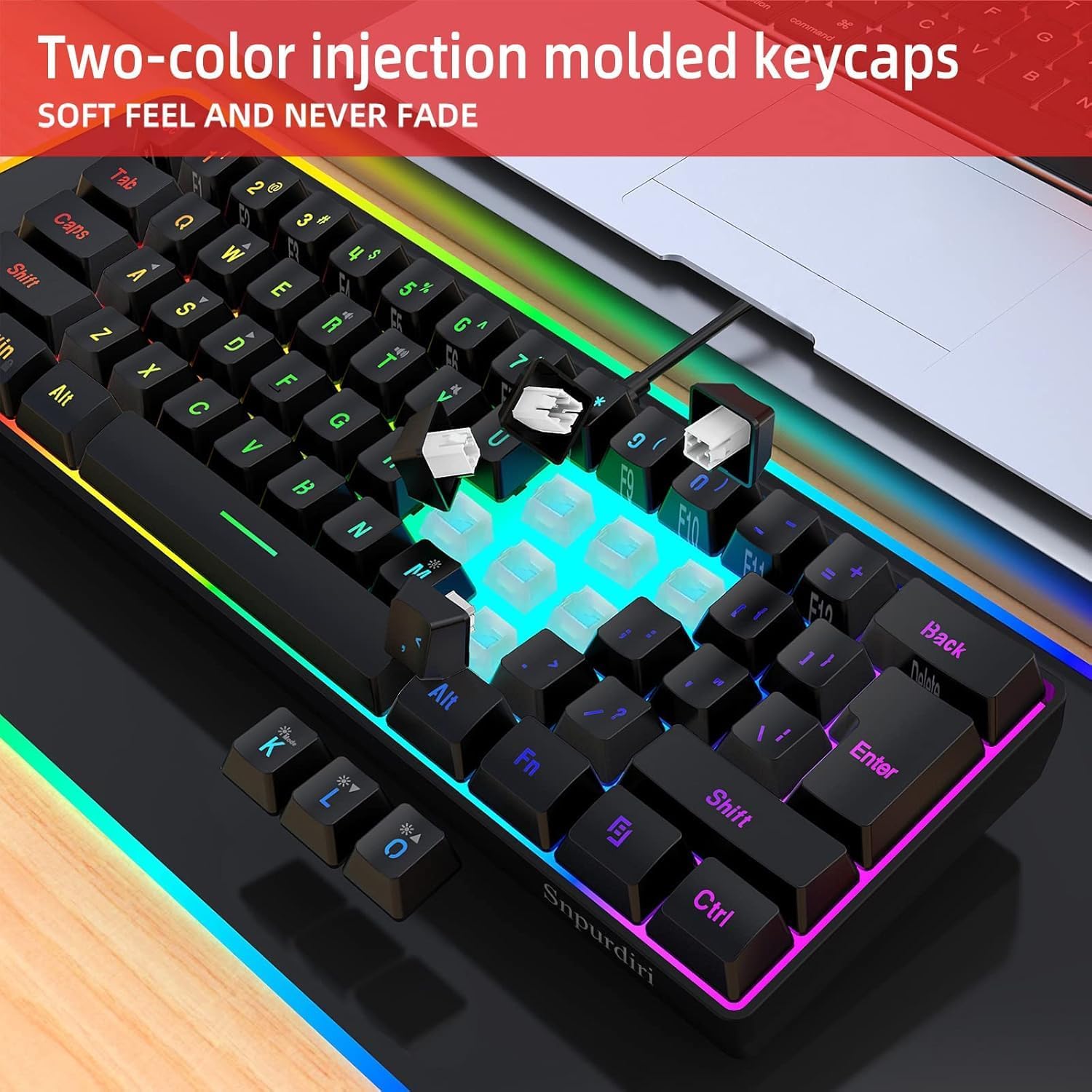 Snpurdiri 60% Wired Gaming Keyboard, RGB Backlit Ultra-Compact Mini Keyboard, Waterproof Small Compact 61 Keys Keyboard for PC/Mac Gamer, Typist, Travel, Easy to Carry on Business Trip(Black)-3