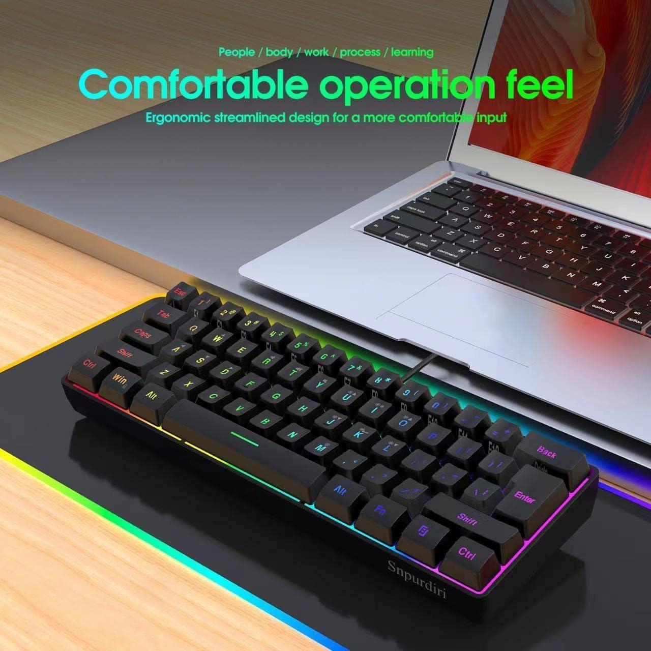 Snpurdiri 60% Wired Gaming Keyboard, RGB Backlit Ultra-Compact Mini Keyboard, Waterproof Small Compact 61 Keys Keyboard for PC/Mac Gamer, Typist, Travel, Easy to Carry on Business Trip(Black)-5