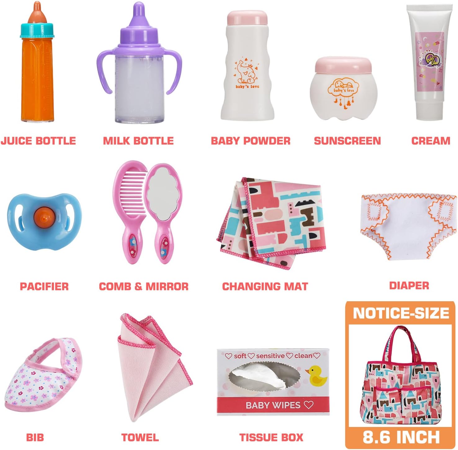 14 Pack Baby Doll Accessories, Baby Doll Feeding and Caring Set includes Diaper Bag, Doll Diapers, Magic Bottle, Changing Mat for Girl Toddler Kid, Babies Pretend Play Set for Birthday Gift Christmas-1