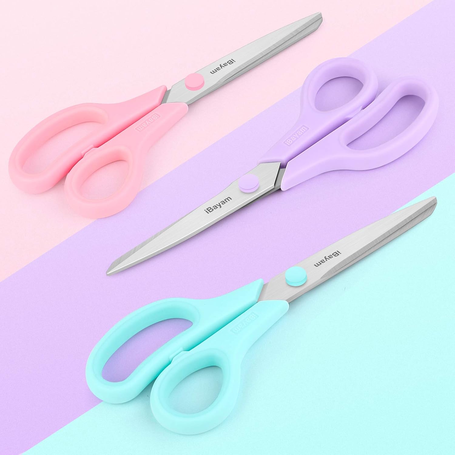 Scissors, iBayam 8" All Purpose Scissors Bulk 3-Pack, Ultra Sharp 2.5mm Thick Blade Shears Comfort-Grip Scissors for Office Desk Accessories Sewing Fabric Home Craft School Supplies, Right/Left Handed-1