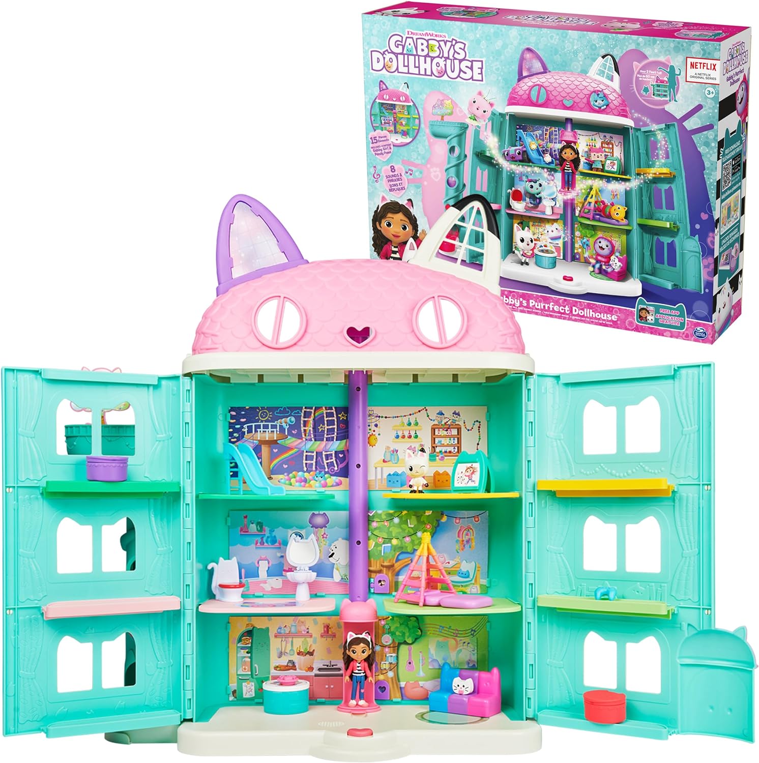 Gabby’s Dollhouse, Purrfect Dollhouse with 15 Pieces including Toy Figures, Furniture, Accessories and Sounds, Kids Toys for Ages 3 and up-0