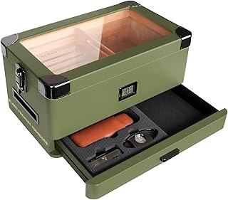 Case Elegance Military Glass Top Humidor, Matte Green with Front Digital Hygrometer, Spanish Cedar, Humidor Solution, Hydro System, and Accessory Foam Drawer - Holds (70-100 Cigars) by Klaro