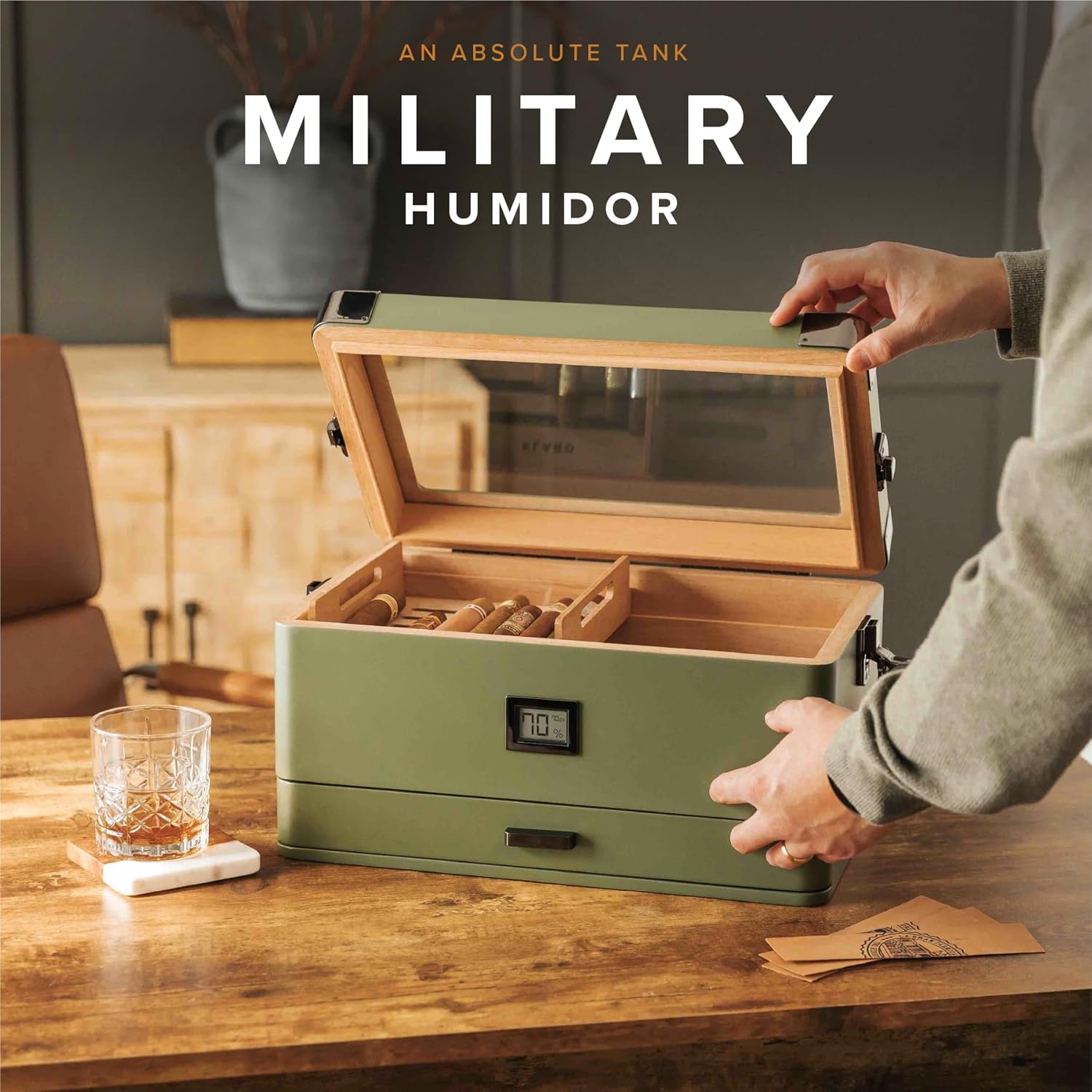 Case Elegance Military Glass Top Humidor, Matte Green with Front Digital Hygrometer, Spanish Cedar, Humidor Solution, Hydro System, and Accessory Foam Drawer - Holds (70-100 Cigars) by Klaro-3